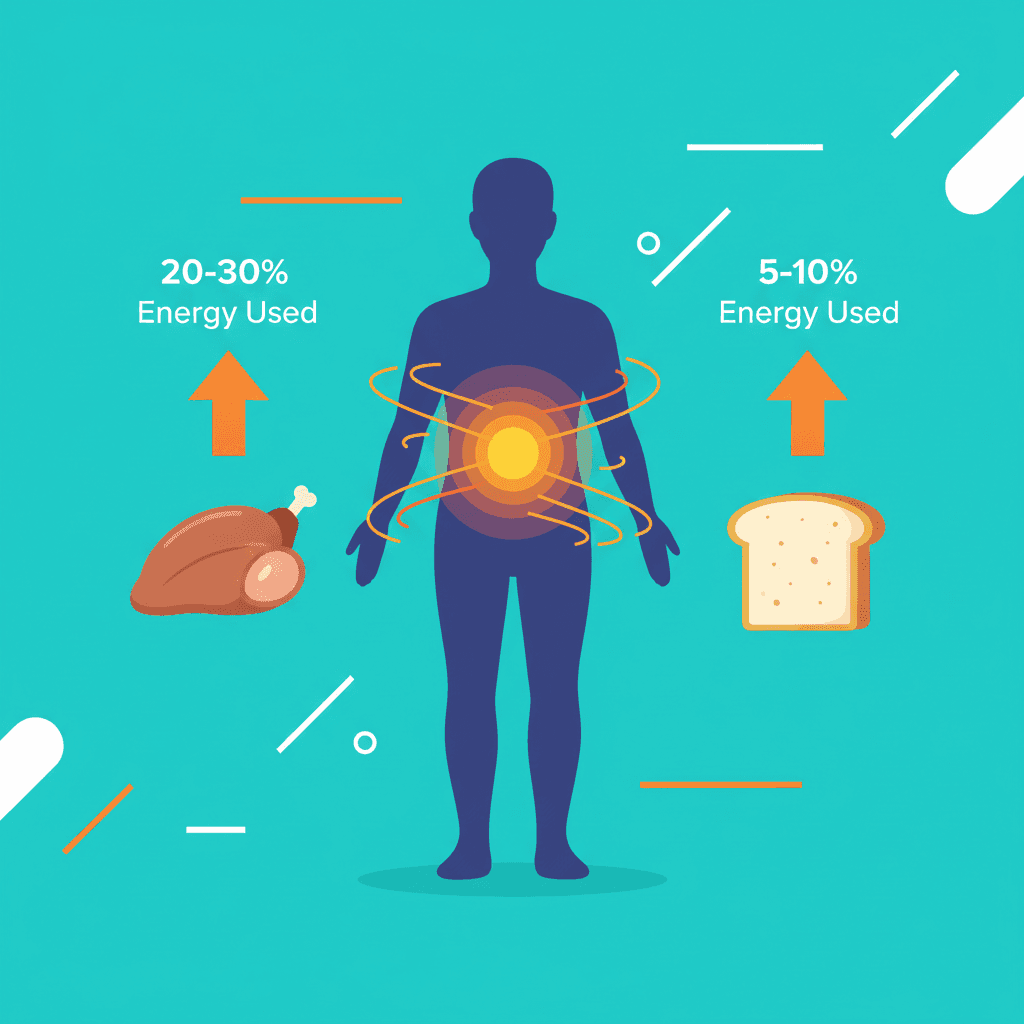 An illustration showing how protein has a higher thermic effect (20-30%) compared to carbohydrates (5-10%), leading to a greater metabolic burn.
