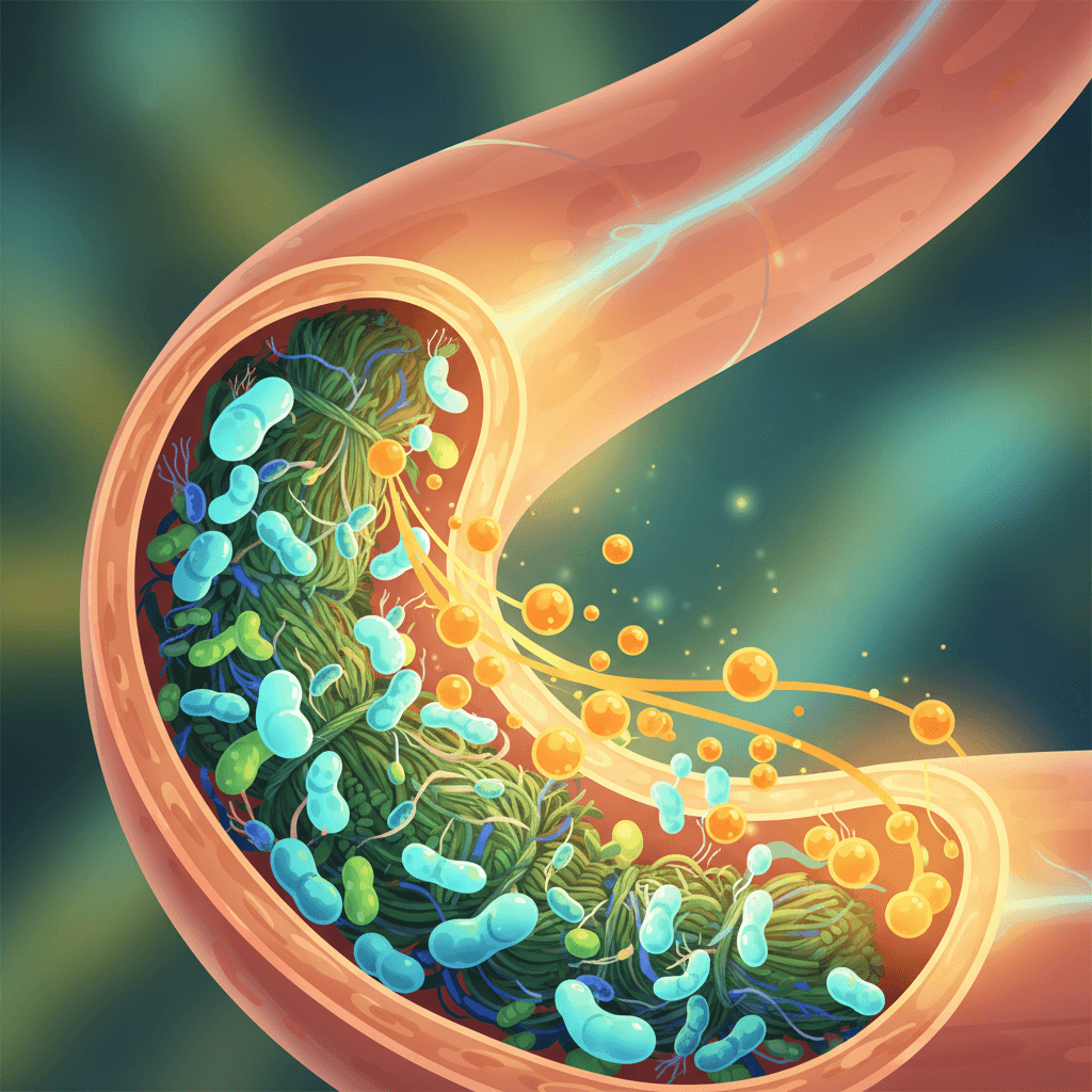 An illustration of the gut microbiome, showing beneficial bacteria consuming resistant starch and producing butyrate, which supports a healthy colon lining.