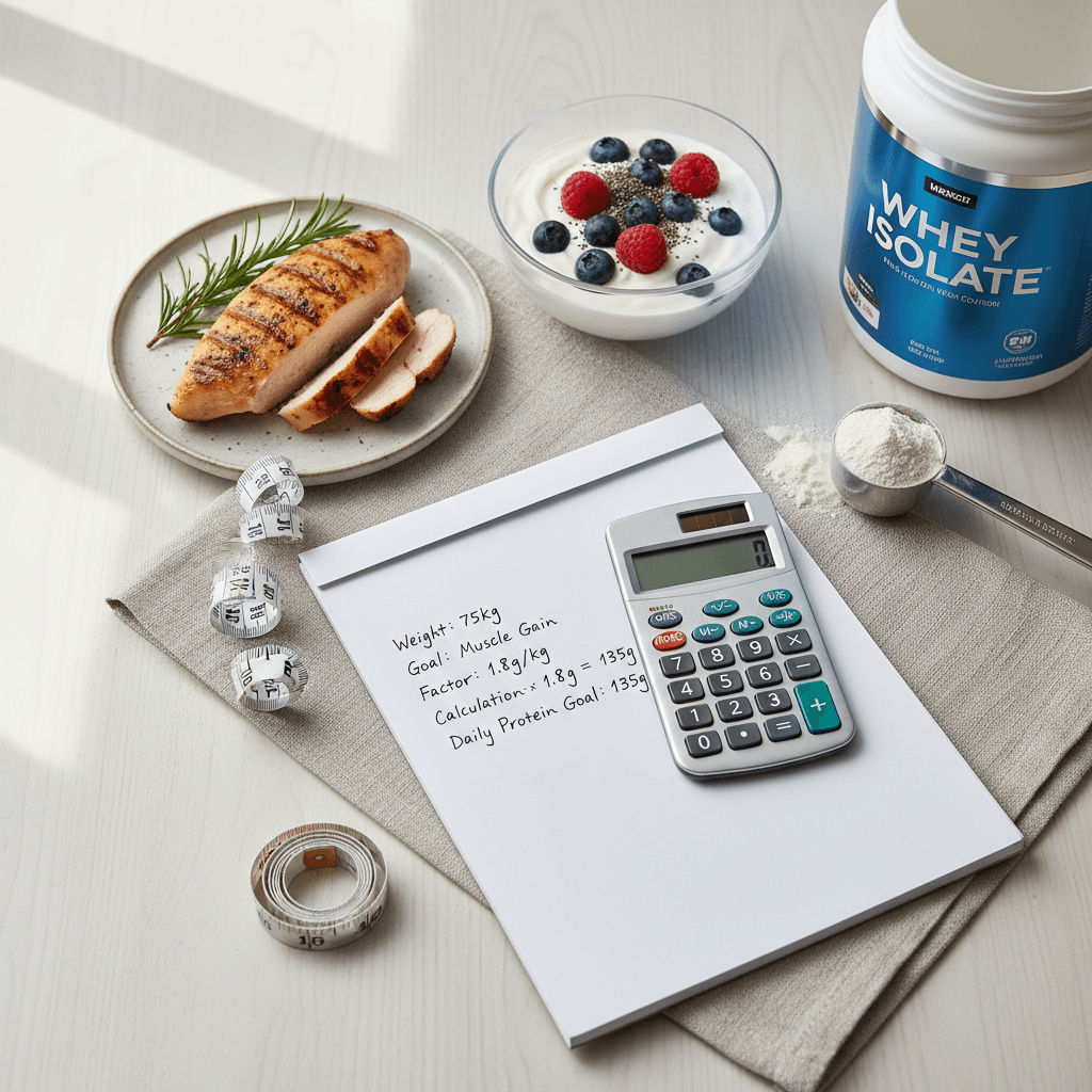 A flat-lay image showing how to calculate daily protein intake with a calculator, notepad, and various protein-rich foods like chicken, yogurt, and protein powder.