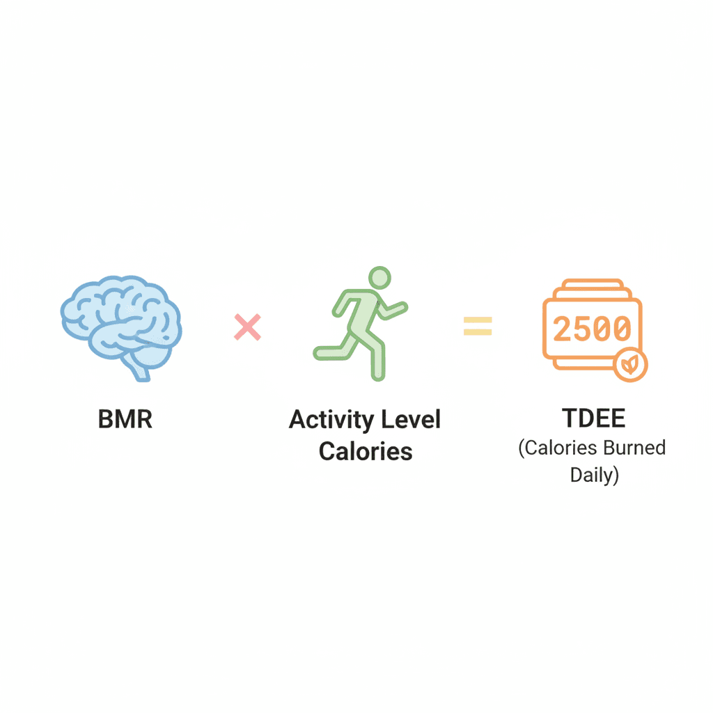 Infographic explaining the Total Daily Energy Expenditure (TDEE) formula as Basal Metabolic Rate (BMR) multiplied by an activity factor.