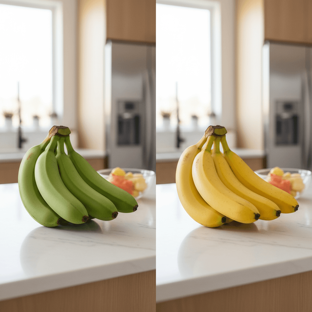 A side-by-side comparison of a bunch of green, unripe bananas and a bunch of yellow, ripe bananas, illustrating the topic of green bananas vs ripe bananas.