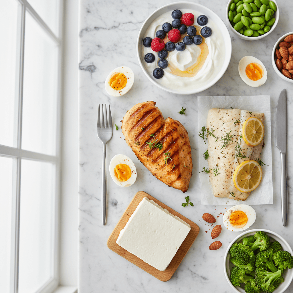 A flat-lay arrangement of healthy, low-calorie protein sources, including grilled chicken, baked fish, Greek yogurt, tofu, and eggs on a clean background.