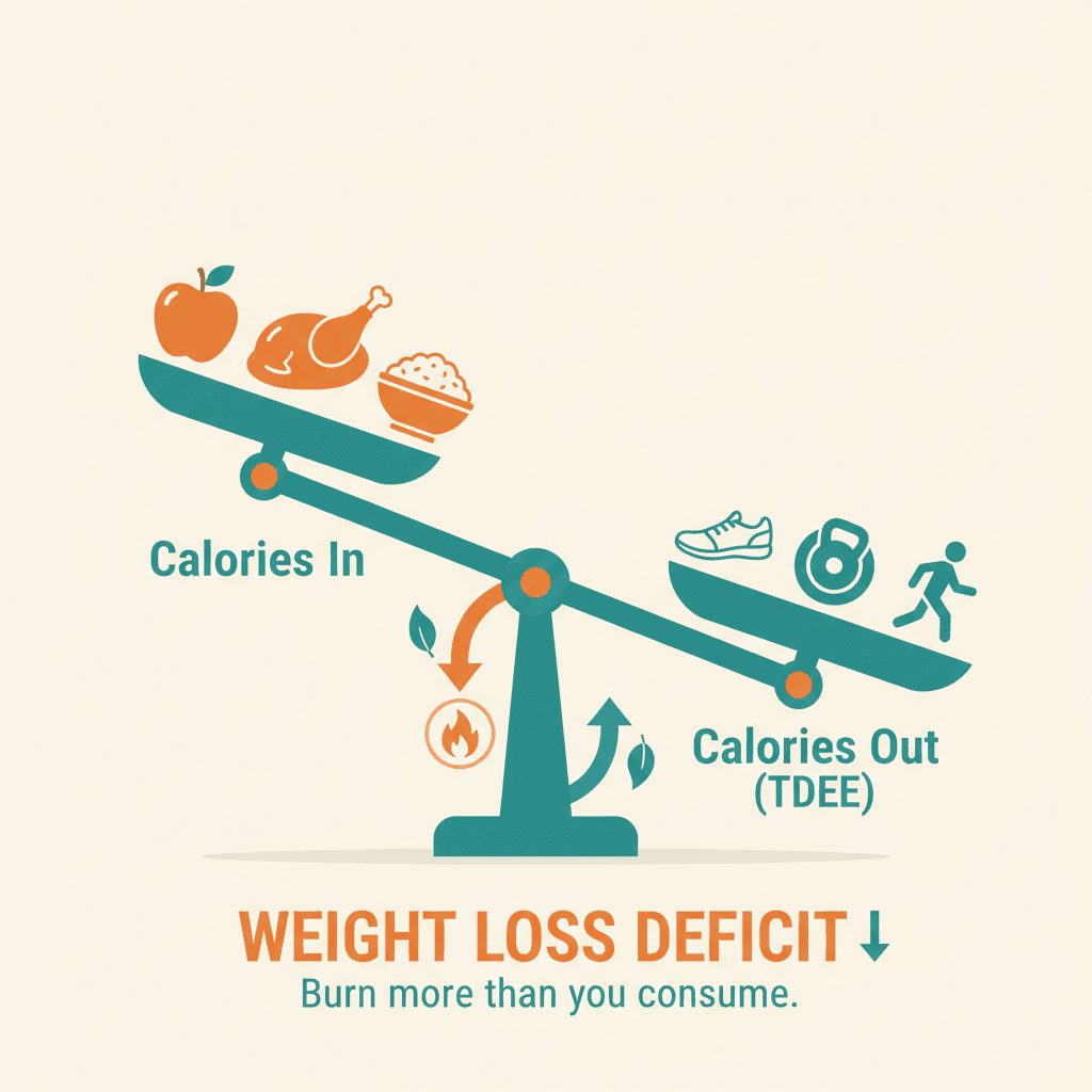 A vector illustration of a balance scale representing TDEE. The 'Calories In' side has food icons and is slightly raised, while the 'Calories Out' side has activity icons and is lower, demonstrating a calorie deficit for weight loss.