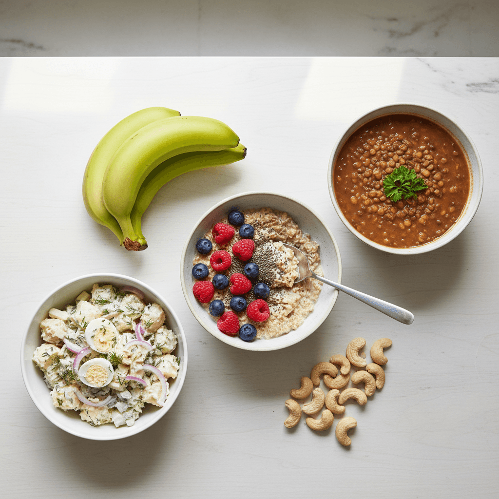 A top-down view of the best sources of resistant starch, including a bowl of overnight oats, green bananas, lentil soup, and a serving of potato salad.