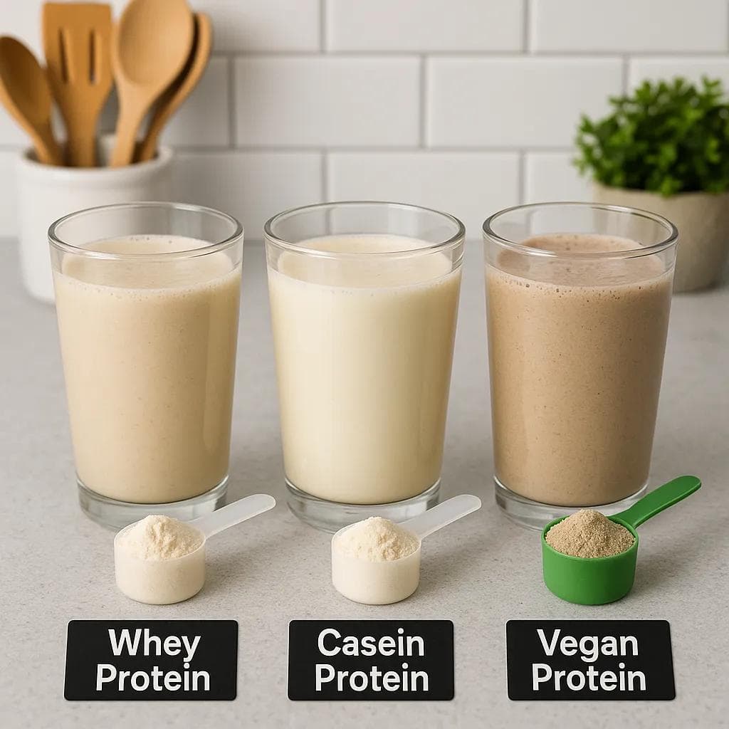 Three protein shakes with scoops of powder on a kitchen counter