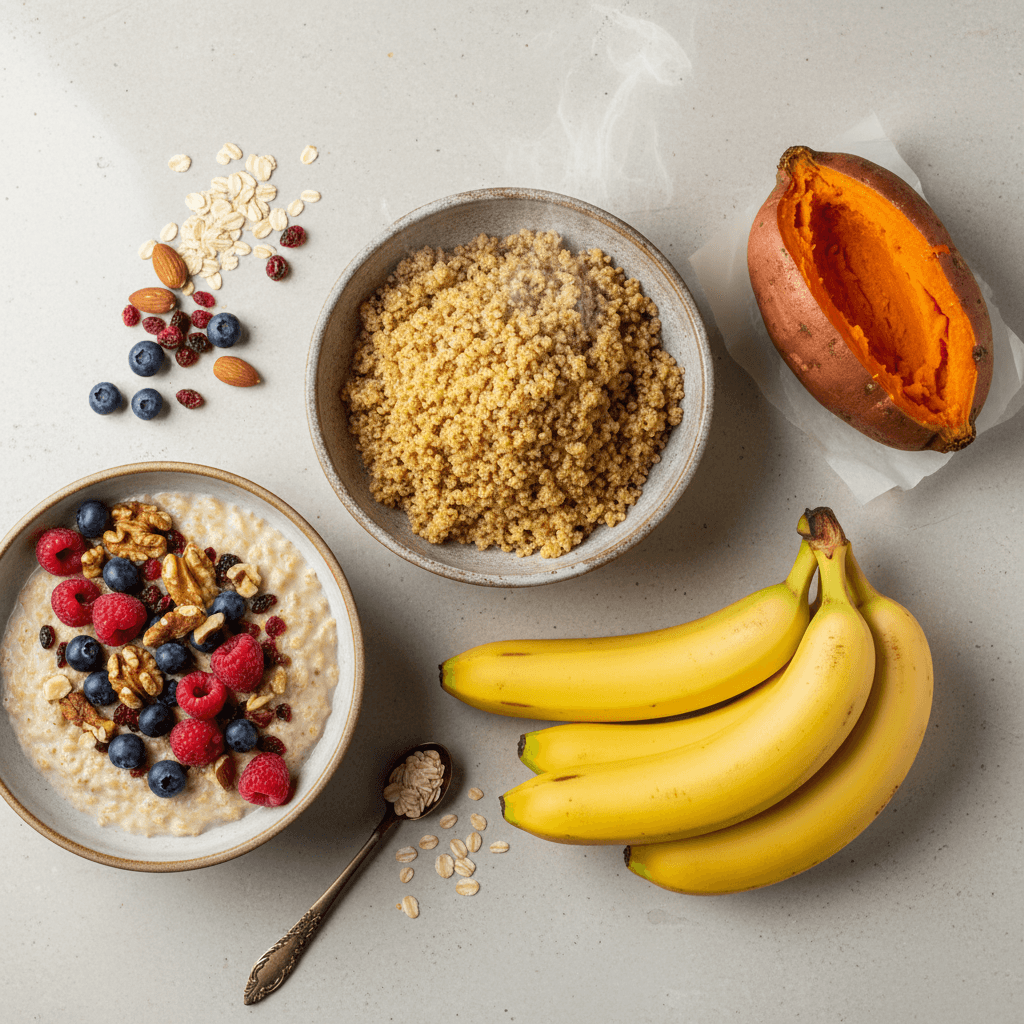 A flat lay of various carbohydrate-rich foods for strength training, including a bowl of quinoa, a sweet potato, bananas, and oatmeal with berries on a clean countertop.