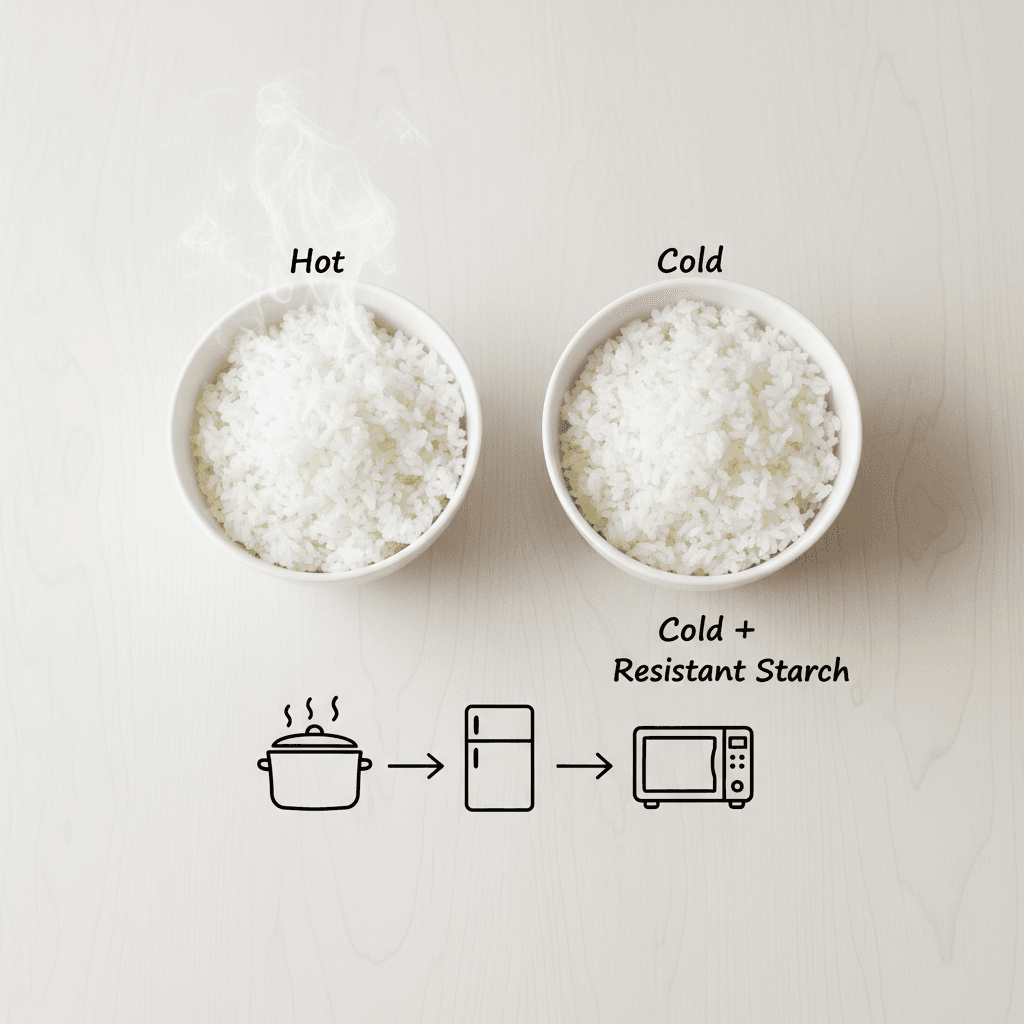 A comparison of a bowl of hot, steaming white rice and a bowl of cold white rice, illustrating the concept of creating resistant starch by cooling.