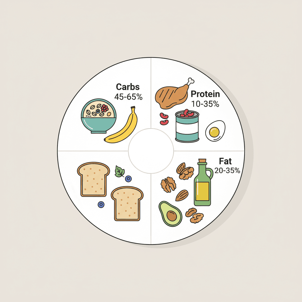 A diagram showing the Acceptable Macronutrient Distribution Ranges (AMDR) with a plate divided into sections for Carbs (45-65%), Protein (10-35%), and Fat (20-35%).