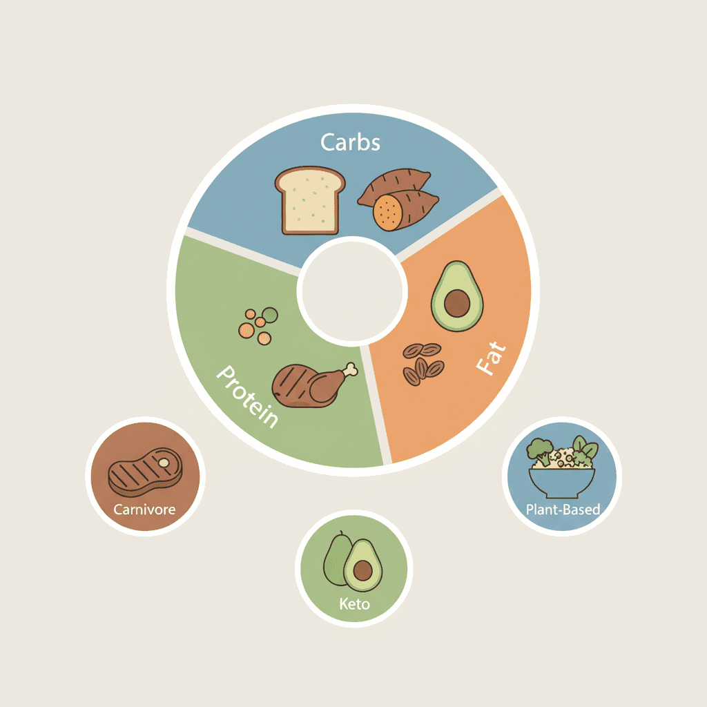 An illustration of a plate divided into macronutrient sections (carbs, protein, fat) with icons for carnivore, keto, and plant-based diets surrounding it, representing different ways of eating outside standard guidelines.