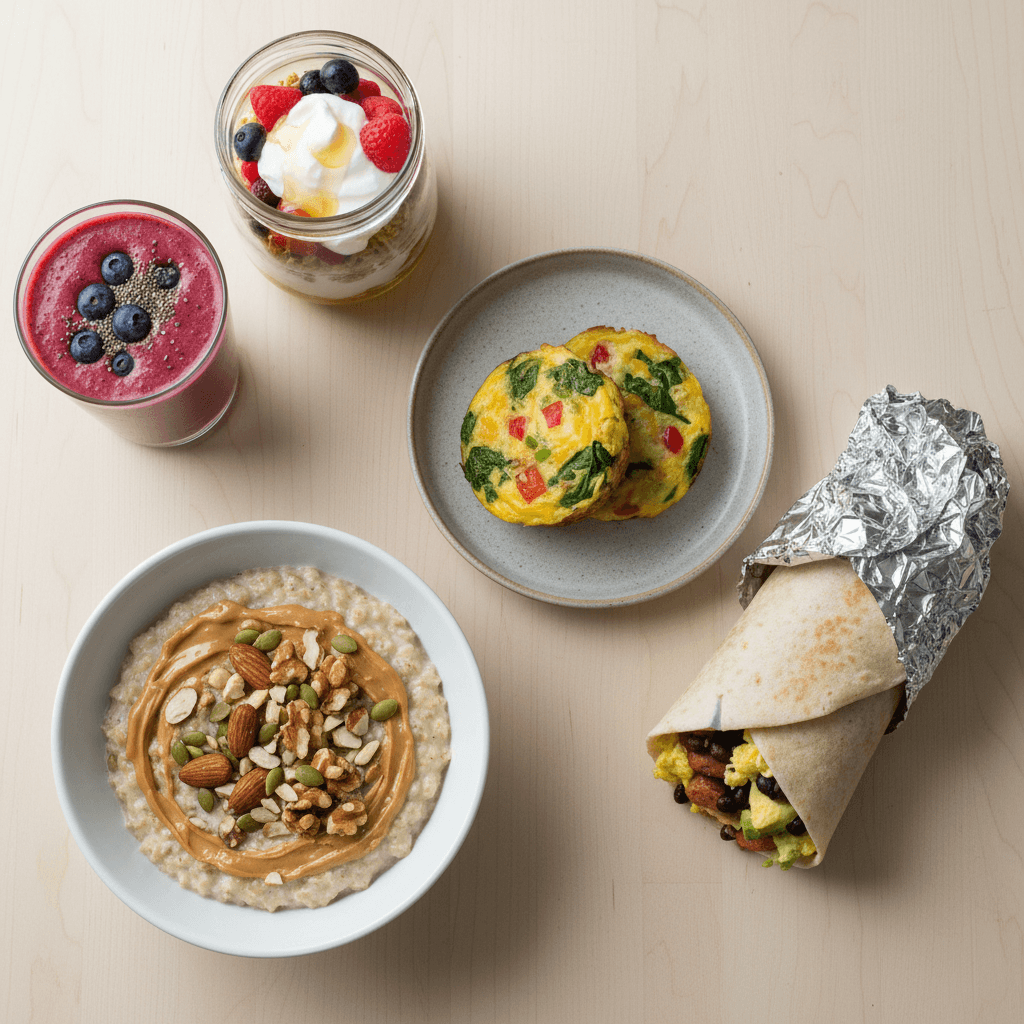 An overhead view of five high-protein breakfast options: a berry smoothie, a yogurt parfait, egg muffins, a bowl of oatmeal, and a breakfast burrito.